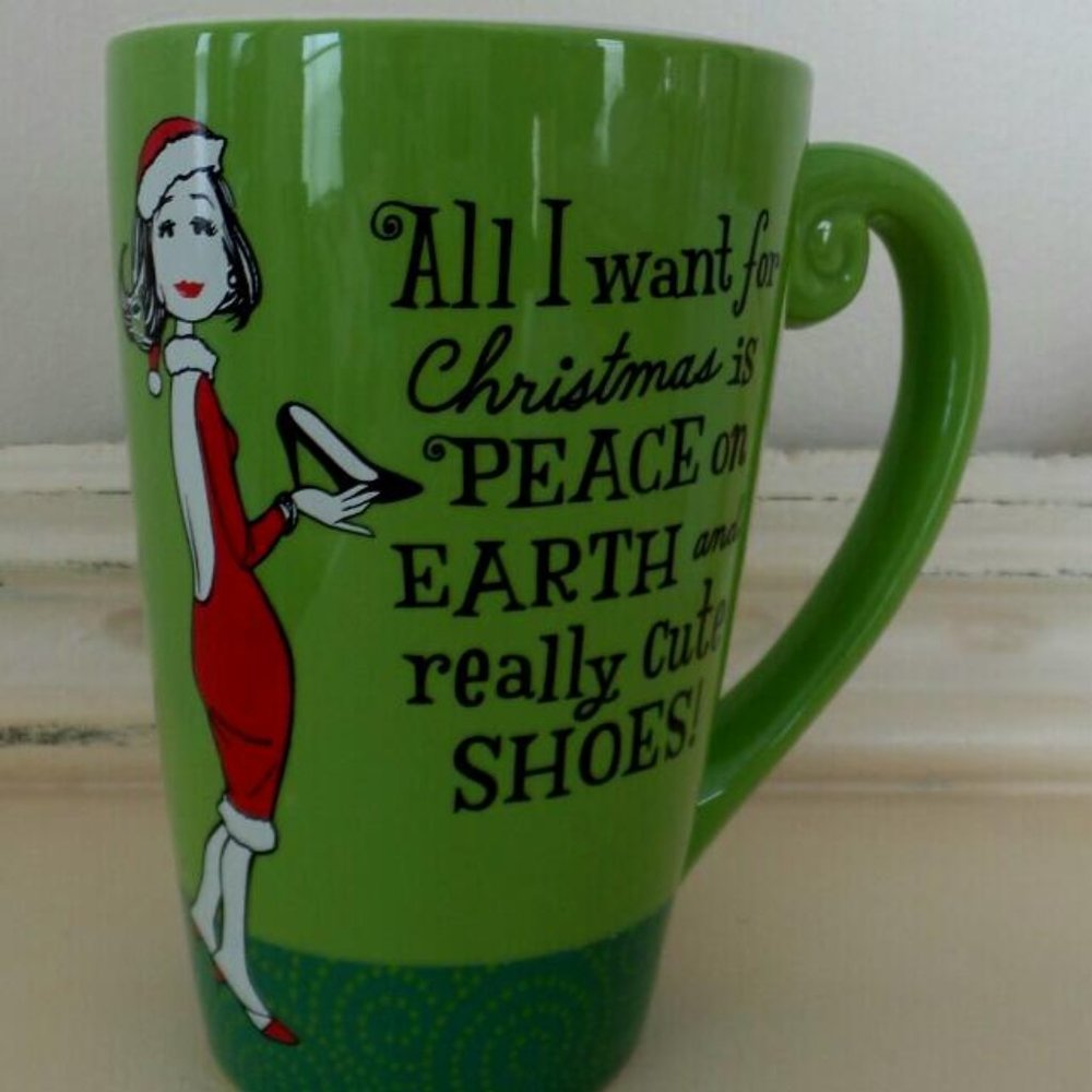 Hallmark Coffee Mug All I Want for Christmas is PEACE and Really CUTE SHOES Fun
